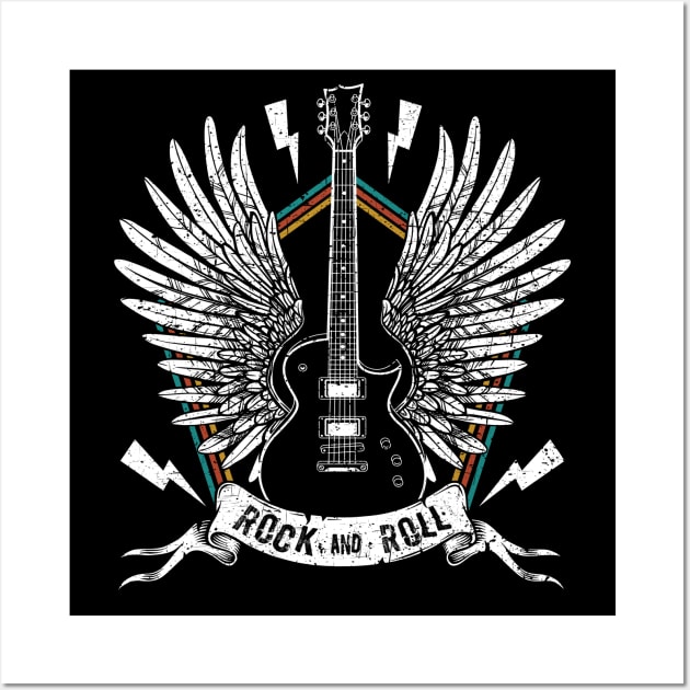 Vintage Retro Style 80s Rock & Roll Music Guitar Wings Rocknroll Shirts For Women Men Wall Art by paynegabriel